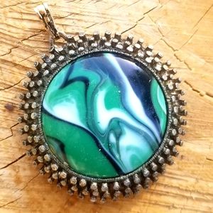 Vintage Large Green & Black Swirl Mod Pendant